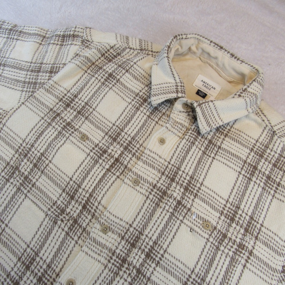 American Eagle Plaid Shirt Men's L Cream/Brown NWT Heavy Textured Woven 2807